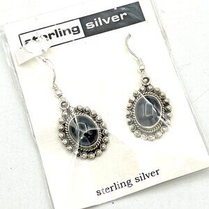 Sterling Silver Bezel Set Black Onyx Cabochon Dangle Earrings 1.5" New